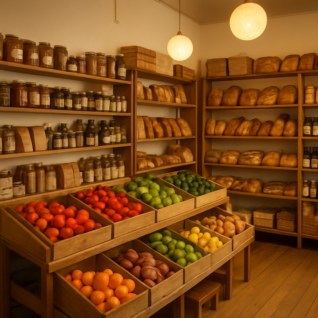 Interior of Seven Day Food store showing fresh produce and artisan products on timber shelving in Manly NSW